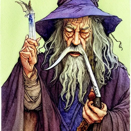 Prompt: a realistic and atmospheric watercolour fantasy character concept art portrait of gandalf with bloodshot eyes giggling and smoking weed out of his pipe by rebecca guay, michael kaluta, charles vess and jean moebius giraud