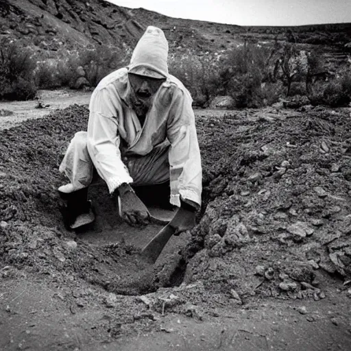 Image similar to Jordan Peterson digging a ditch, dressed like a homeless man in the desert. Photograph from a horror film.