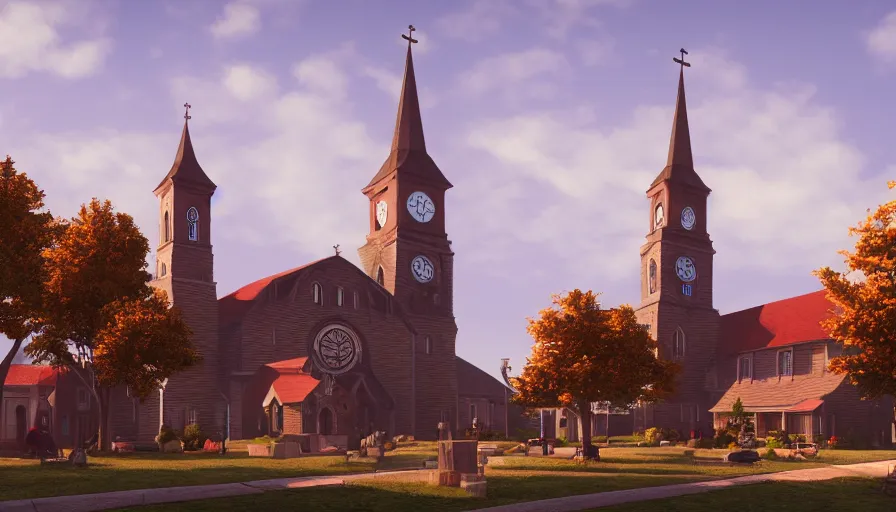 Prompt: midwest town with church, clock tower, square, trees, sunny day, volumetric light, hyperdetailed, artstation, cgsociety, 8 k