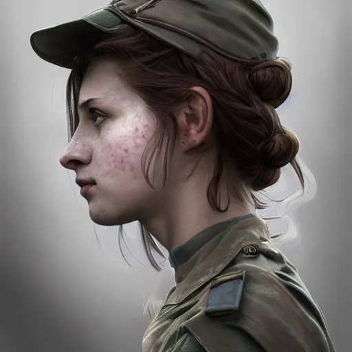 Prompt: side portrait of a soldier girl, dirt and smoke, long hair, hair down, symmetrical facial features, girls frontline, hyper realistic, pale skin, 4k, rule of thirds, extreme detail, detailed drawing, trending artstation, hd, fantasy, D&D, realistic lighting, by Alphonse Mucha, Greg Rutkowski, sharp focus, backlit