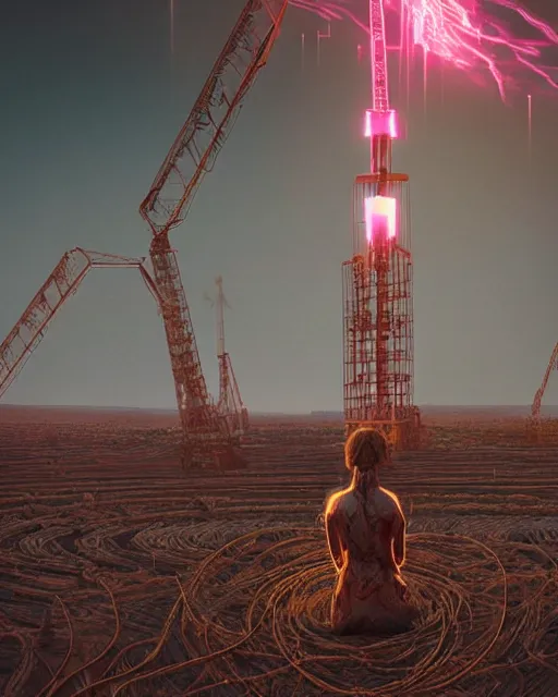 Image similar to a glowing female spirit of mother nature screams out in agony. drilling rigs bore into the earth in the background. wide shot, detailed, sharp, 8 k, award winning digital art by beeple.