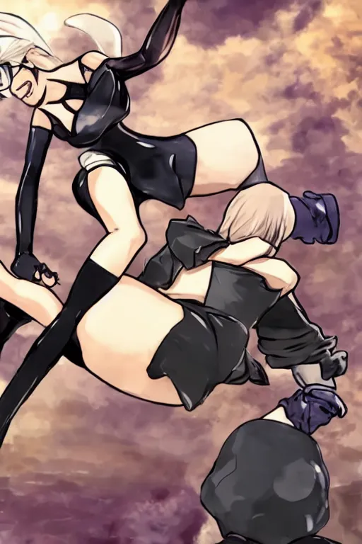 Image similar to Picture of 2B kicking a fat feminist in the head.