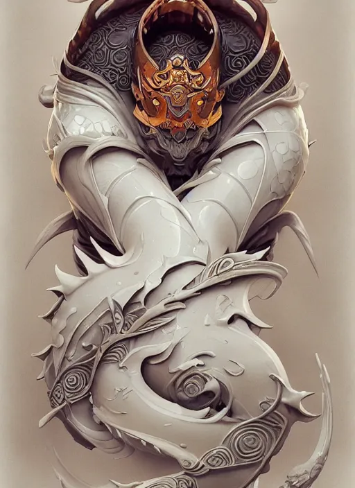 Prompt: subsurface scattering, white, koi, samurai deity with koi armor, art nouveau swirls, epic lighting, octane render, by jesper ejsing, james jean, justin gerard, tomasz alen kopera, cgsociety and fenghua zhong, highly detailed, rim light, art, very coherent, cinematic, hyper realism, high detail, 8 k