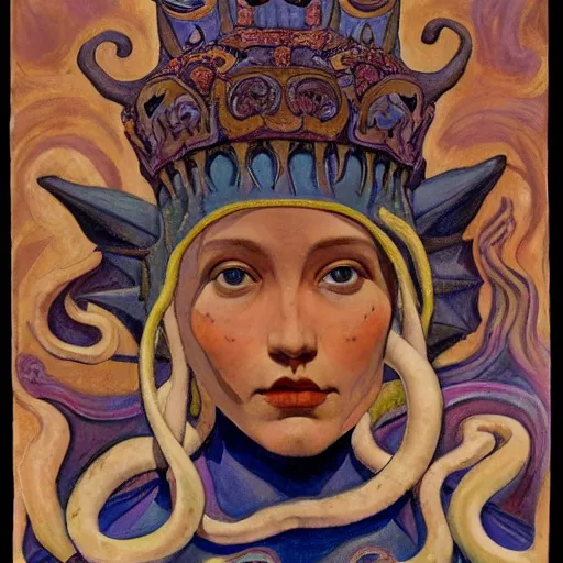 Image similar to the tentacle crown, by Annie Swynnerton!! and Nicholas Roerich! and (((Diego Rivera))), bioluminescent skin, tattoos, elaborate costume, geometric ornament, symbolist, rich colors, dramatic lighting, smooth, sharp focus, extremely detailed