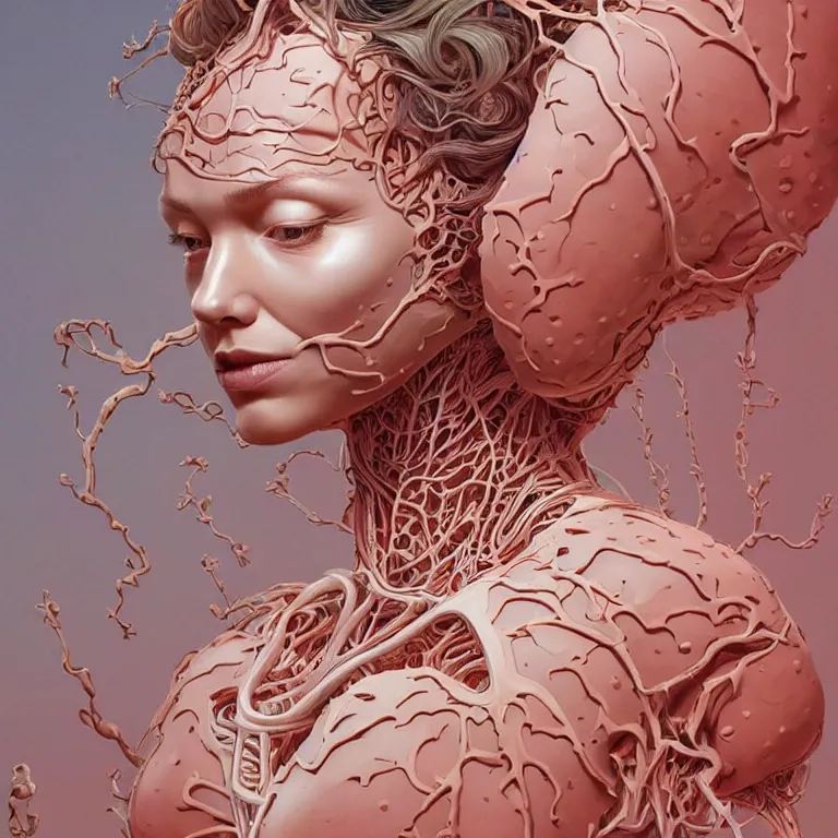 Prompt: portrait of beautiful!! woman with coral!! reef hair. torso, lungs, plates, biomechanical android. soft light painted by james jean and moebius!!! and erik jones, inspired by mary jane ansell, smooth face feature, intricate oil painting, high detail 3 d render, sharp high detail