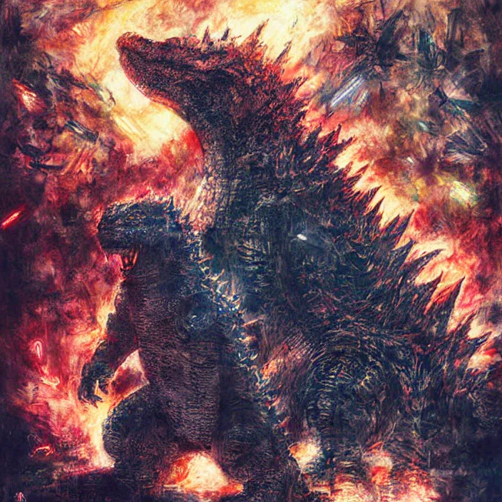 Image similar to godzilla _ painting, glowing lights by greg ruthowski yoshikata amano _ yoji _ shinkawa _ alphonse _ murac _ collaborative _ artwork _ beautifully _ drawn