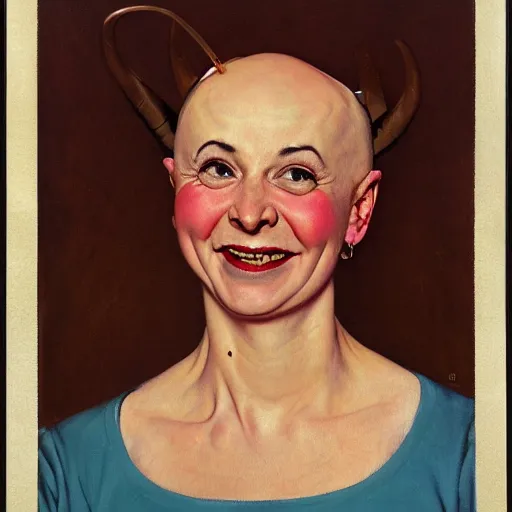 Image similar to Frontal portrait of a happy bald woman with horns. Painting by Norman Rockwell.