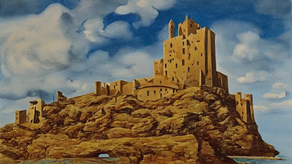 Image similar to High-Quality surrealist painting of Castell de Sant Ferran, peaceful, very detailed, oil painting by Salvador Dalí.