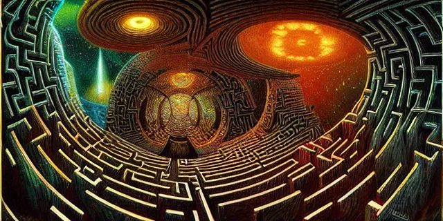 Image similar to maze labyrinth nebulapunk by dan seagrave with hidden creatures by patrick woodroffe