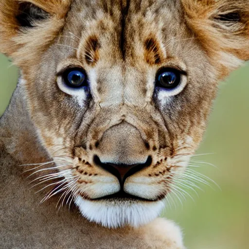 Image similar to Photorealistic photograph of a lion cub by Suzi Eszterhas, photorealism, photorealistic, realism, real, highly detailed, ultra detailed, detailed, 70–200mm f/2.8L Canon EF IS lens, Canon EOS-1D Mark II, Wildlife Photographer of the Year, Pulitzer Prize for Photography, 8k, expo-sure 1/800 sec at f/8, ISO 400