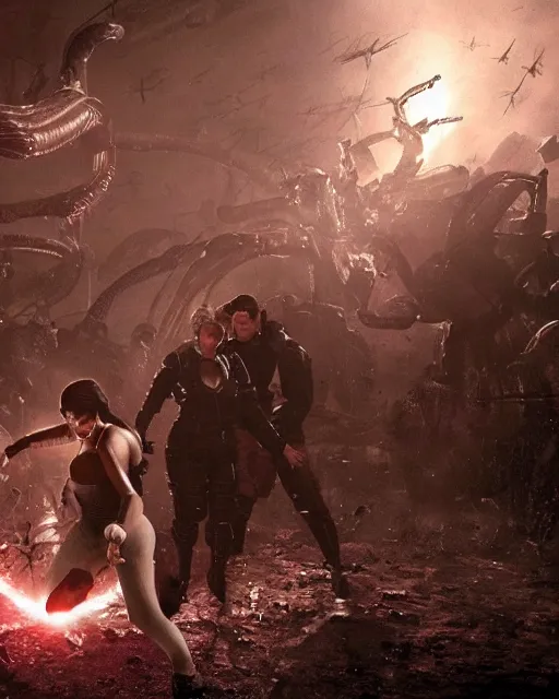 Prompt: A photo still of kim kardashian being tackled to the ground by aliens in resident evil, highly detailed, artstation, concept art, sharp focus, illustration, cinematic lighting, wide-shot.