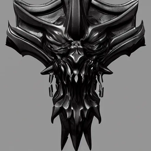 Image similar to a black sword skull crest, ornament, weapon, a 3 d render by dom qwek, studio lighting, front side view, trending on polycount, hard surface modeling, rendered in maya, 3 ds max, blender, artstation hd, vray