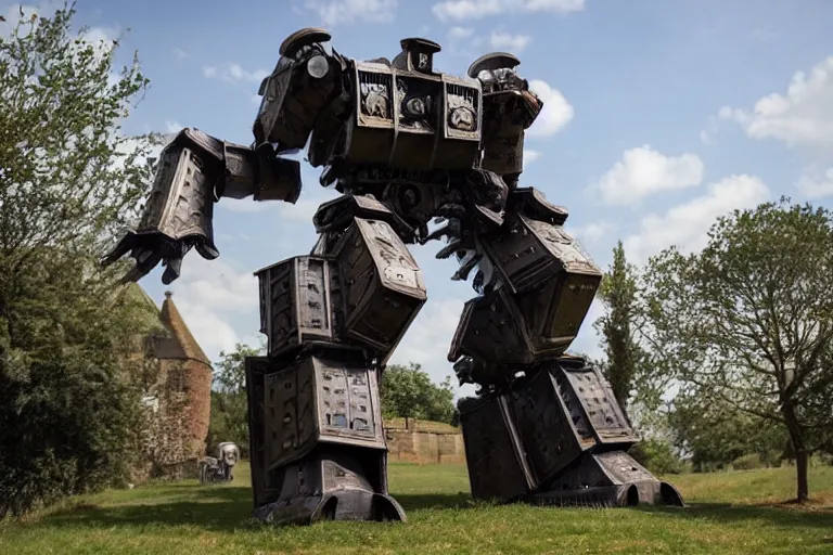 Image similar to a giant mech made out of medieval knights armor and parts standing in an old english village