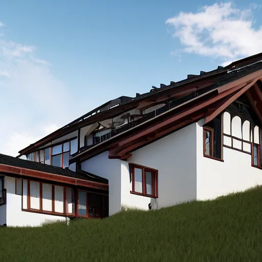 Image similar to a modern half - timbered house on the foot of elbrus mountain a digital rendering by schelte a bolswert, featured on polycount, de stijl, reimagined by industrial light and magic, angular, symmetrical