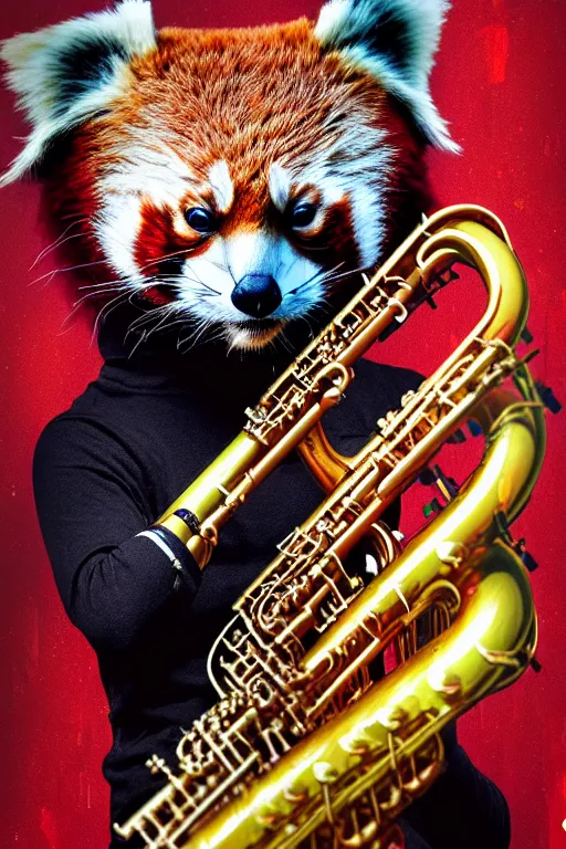 Image similar to a portrait of an anthropomorphic cyberpunk single red panda playing a saxophone by sandra chevrier, by jon foster, detailed render, tape deck, epic composition, cybernetics, 4 k realistic, cryengine, realistic shaded lighting, sharp focus, masterpiece, by enki bilal