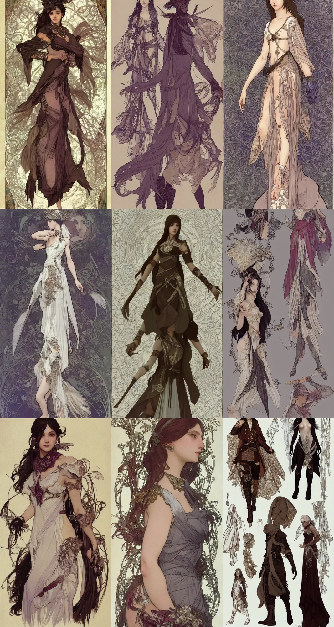 Prompt: Character concept and fashion spot illustrations from the Final Fantasy and Assassin's Creed Brotherhood mashup, full-body, bloom, dynamic poses, diaphanous cloth, intricate crystalline and feather jewelry, ornate, filigree, arcane, cinematic lighting, by Alphonse Mucha, by James Gurney, by Bouguereau, by Rubens, fantasy, portfolio illustration, highly detailed, trending on Artstation, CGsociety, HQ, 8k, 35mm lens, f2.8, Bokeh,