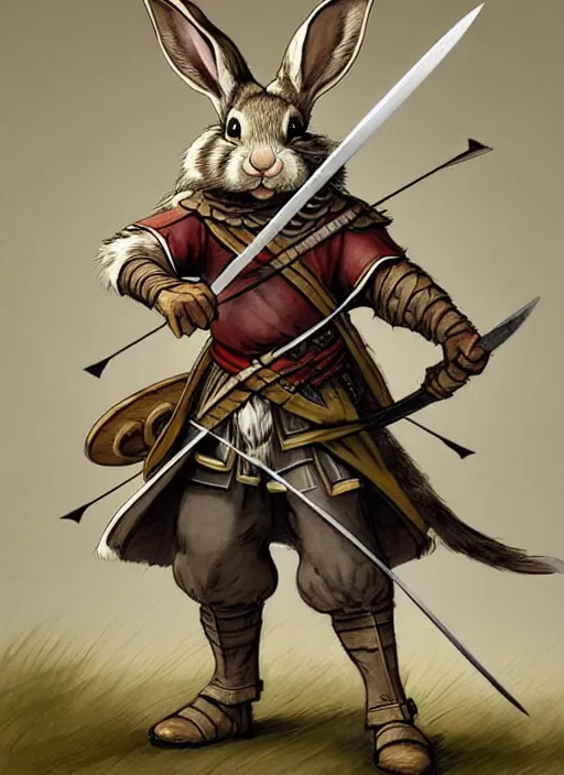 Image similar to a heroic rabbit archer with sword and shield on a parchment background, redwall, greg rutowski and jean baptiste monge, detailed, epic fantasy concept art