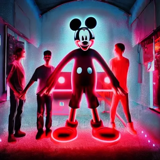 Image similar to a group of people standing around a giant bloody wounded mickey mouse, neon netflix logo, cyberpunk art by david lachapelle, cgsociety, sots art, dystopian art, reimagined by industrial light and magic, dark concept art