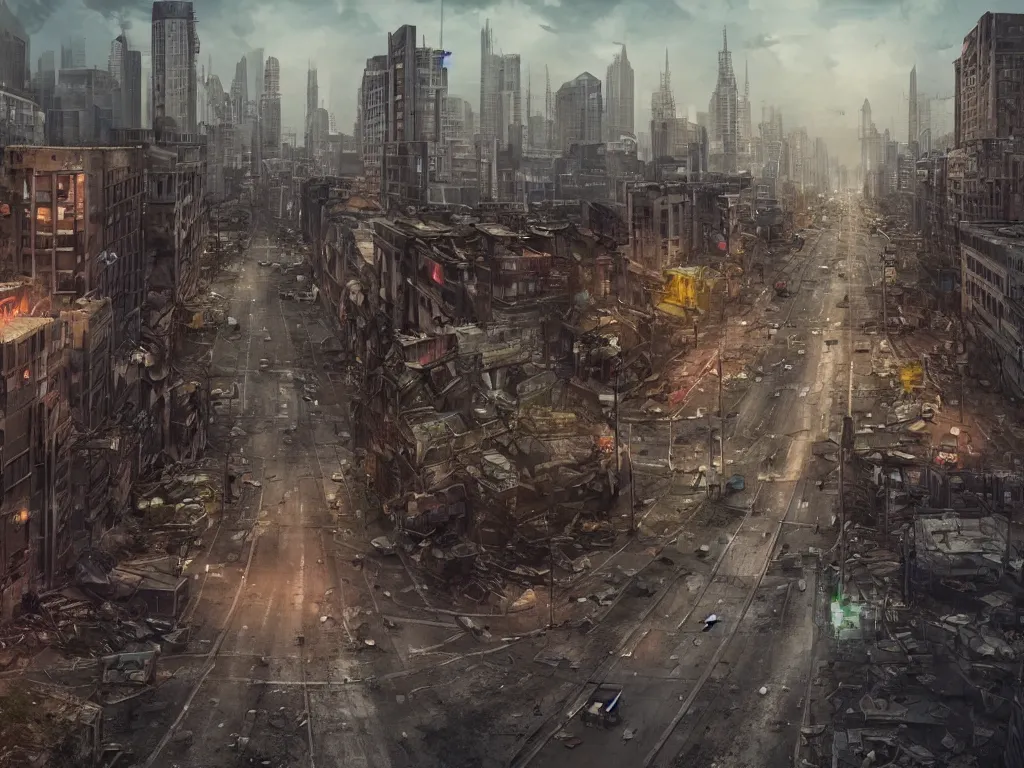 Prompt: A matte painting of a realistic abandoned urban city,featured on ArtStation, realistic colors,Super wide angle,viewed from afar,Nighttime,Flat roads,Geometrically realistic,Street signs,traffic lights, trash on the street, broken windows