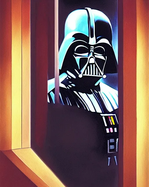 Image similar to pastel painting portrait of darth vader looking through a large window into space, high production value, intricate details, high resolution, hdr, high definition, masterpiece, realistic, ultrarealistic, highly detailed, hd, sharp focus, non blurry, sharp, smooth