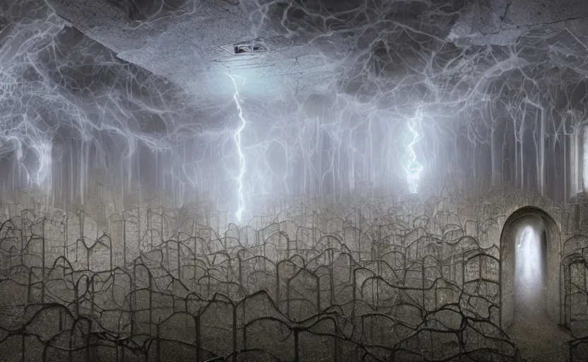 Prompt: swarm of ghostly hooded demoic souls inside decrepit cracked mausoleums in a cosmic woven lightning storm at night, by Igor Morski, by wes benscoter, by Zdzislaw Beksinski, rendered in lumion, 8k resolution, psychedelic lighting, muted color scheme, trending on artstation, realistic shadows, 3d, rendered in lumion, photorealistic -20