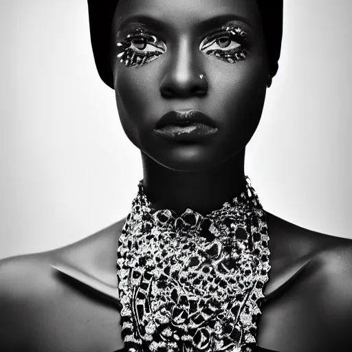 Prompt: photo of a beautiful black woman, highly fashionable, editorial style, intricate details, sharp focus on eyes, monochromatic, surrealist, dreamy, powerful