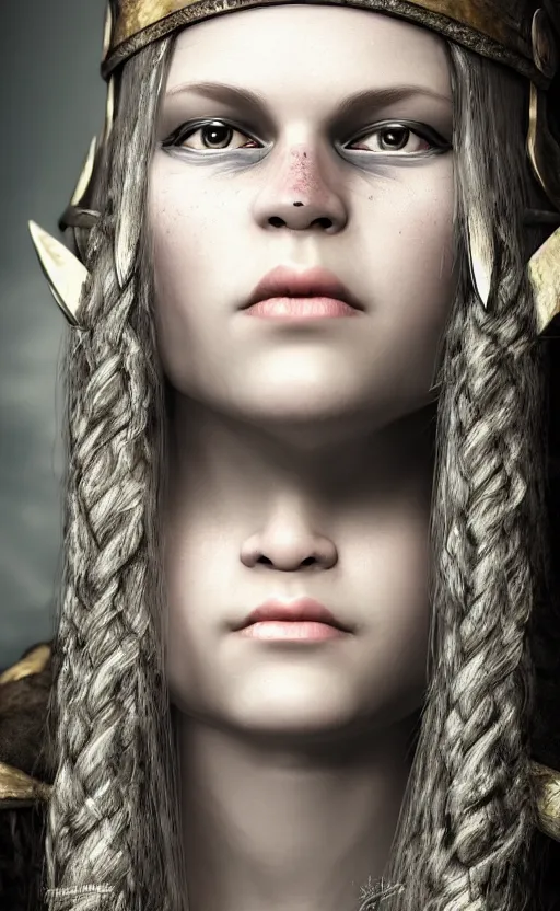 Image similar to photorealistic 3/4 portrait of beautiful female viking warrior with large sad gray eyes, dirty skin