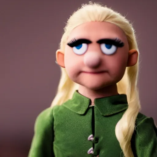 Image similar to Legolas depicted as a muppet, photography, cinematic lighting, close up shot