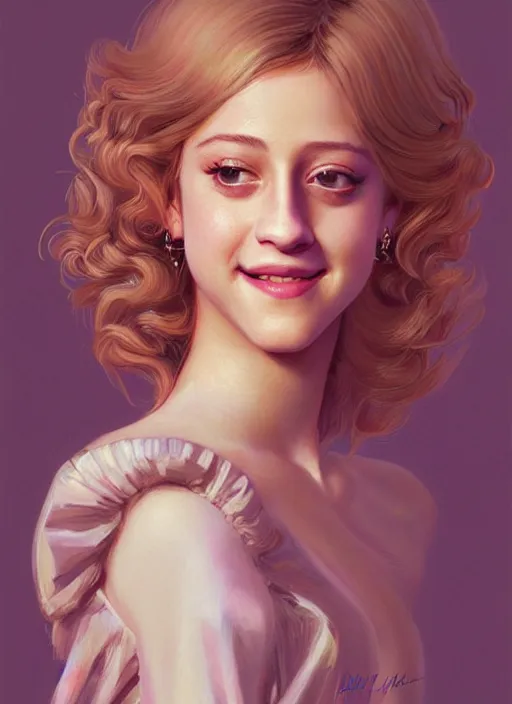 Image similar to portrait of lili reinhart with fluffy bangs, smiling kindly, bangs, 1 9 6 0 s, ponytail, curly bangs and ponytail, intricate, elegant, glowing lights, highly detailed, digital painting, artstation, concept art, smooth, sharp focus, illustration, art by wlop, mars ravelo and greg rutkowski