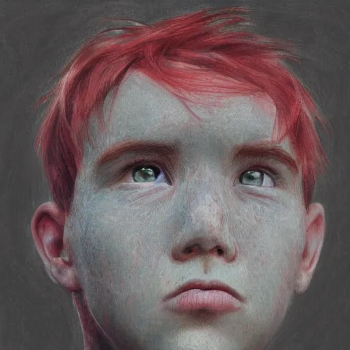 Image similar to face portrait of a boy with red hair and freckles, blue eyes, a long nose, highly detailed, digital art