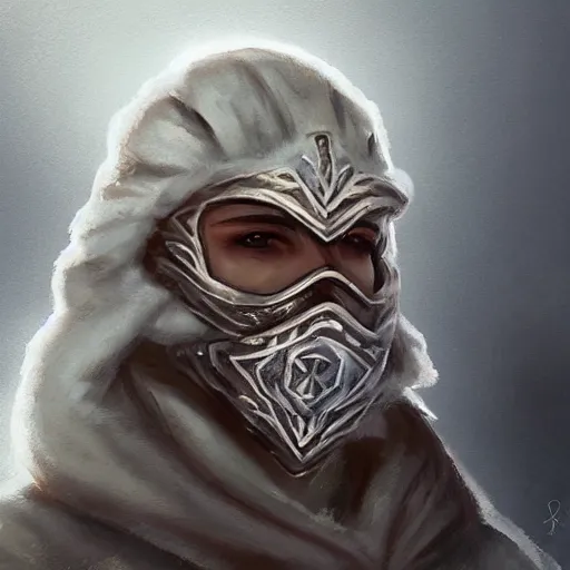 Image similar to bandit from ‘ icewind dale ’ with a frost gem mask, ‘ icewind dale 2 ’ profile portrait by ‘ justin sweet ’, falling snow, soft focus, illustration, oil paint, artstation