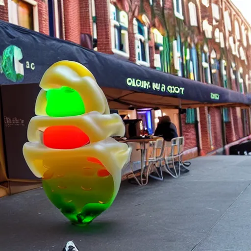 Image similar to a futuristic robotic gummi worm. dramatic product lighting. it's a gummi with extra juiciness. but it's also a worm. ick. in a magical side alley, the worm is on display in a trendy food truck display. digital reality.