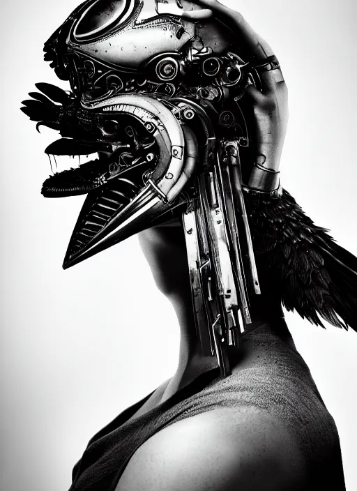 Prompt: a profile portrait, a stunning young woman - cyborg with a mutant crow head, editorial photography, bw, by roman sustov, by hr giger, shot on 7 0 mm, depth of field, f / 2. 8, high contrast, 1 6 k, volumetric lighting, shiny, insanely detailed and intricate, hypermaximalist, elegant, ornate