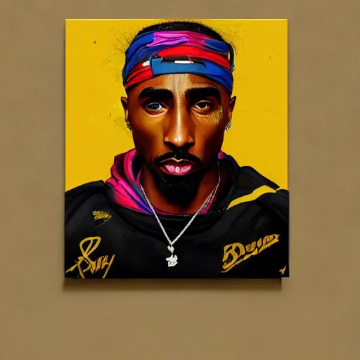 Prompt: artist sam spratt incredible illustration of a portrait of tupac shakur, high detail, artstation, bold colors,