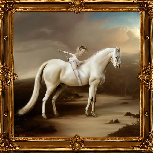 Image similar to an all white horse, with no facial features, like a white mask pulled over their face, full body laying in a blood red pool of water between a golden mirror frame, outside is space at the bohemian grove and inside the mirror frame is a beautiful landscape., physically accurate, dynamic lighting, intricate, elegant, highly detailed, very very Roberto Ferri, sharp focus, very very unsettling, very terrifying, illustration, art
