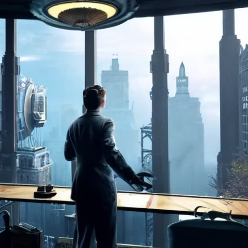 Prompt: a highly detailed cinematic photo from a live - action bioshock movie. andrew ryan, portrayed by evan peters, is shown standing in a 1 9 3 0's office with a large desk in front of a floor - to - ceiling window looking out onto the underwater city of rapture shining in the distance, sea life is shown outside of the window