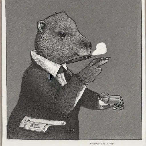 Image similar to a high detail photo of an antropomorphic capybara wearing a suit smoking a cigarrette, subject= duck, subject detail: wearing a suit, subject action: smoking a cigarrette photorealism