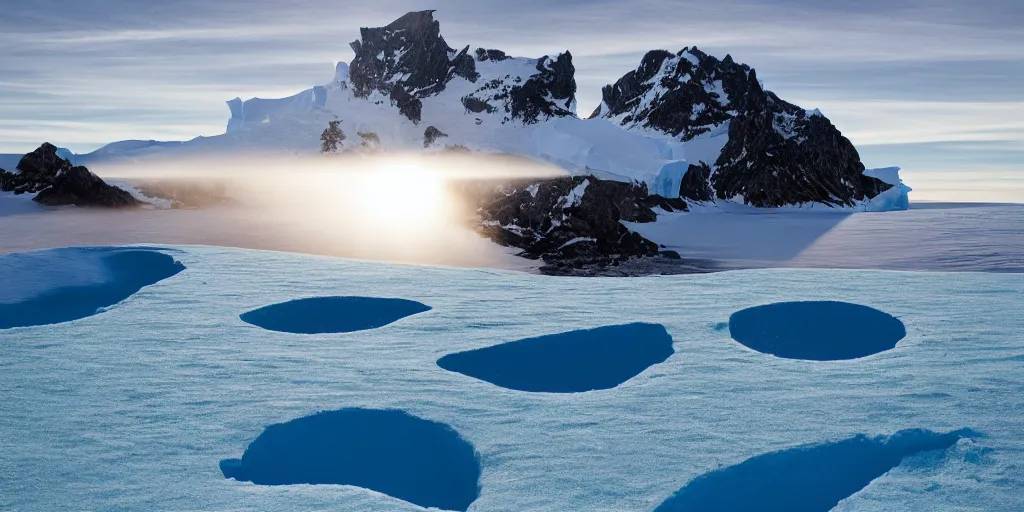 Image similar to a great photograph of the most amazing golf hole in the world, perfect light, antarctica on the most beautiful day, on top of an iceberg, ambient light, 5 0 mm, golf digest, top 1 0 0, fog