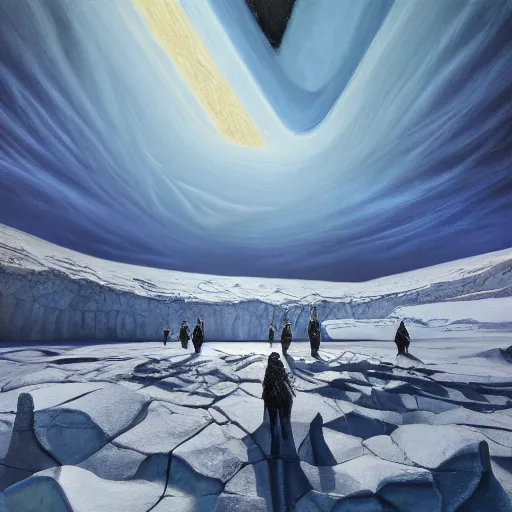 Image similar to menacing presence trailblazer Antarctica glacial cult incomprehensible topology ambience, realistic fantasy, oil painting, extremely high detail, photorealistic, cinematic lighting, oil painting, intricate line drawings, 4k resolution