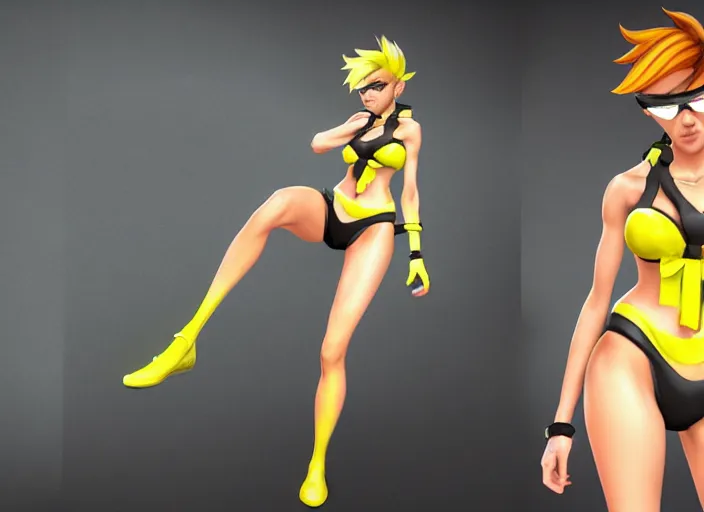 Image similar to tracer game character, in yellow bikini, blonde hair, black eyes, full height