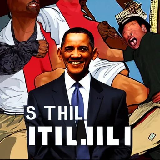 Prompt: will smith hitting obama with a flip - flop, in the style of gta cover art