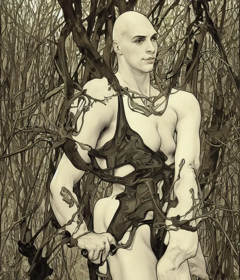 Prompt: portrait of a 1 5 foot tall, muscular, bald, smooth, extremely pale, androgynous humanoid with a perfectly symmetrical face, dressed in black body armour, in the background is a dense and foggy forest of trees, intricate detail, smooth, sharp focus, monochrome, high contrastl, art by artgerm and alphonse mucha,