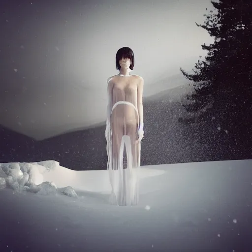 Image similar to a instax photo of fuji mountain, a tall japanese girl in a transparent sheer fabric dress against the background of fuji mountain, severe snow, full body shot, perfect symmetrical body, perfect symmetrical face, coherent symmetrical eyes, by peter kemp, by monia merlo, hyperrealistic, hyperdetailed, octane render, 8 k