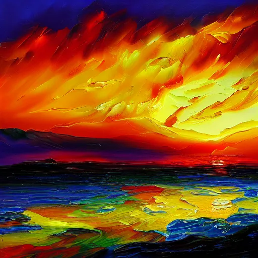 Image similar to an impasto oil painting of a stunning, colorful sunset painted by ken hong leung