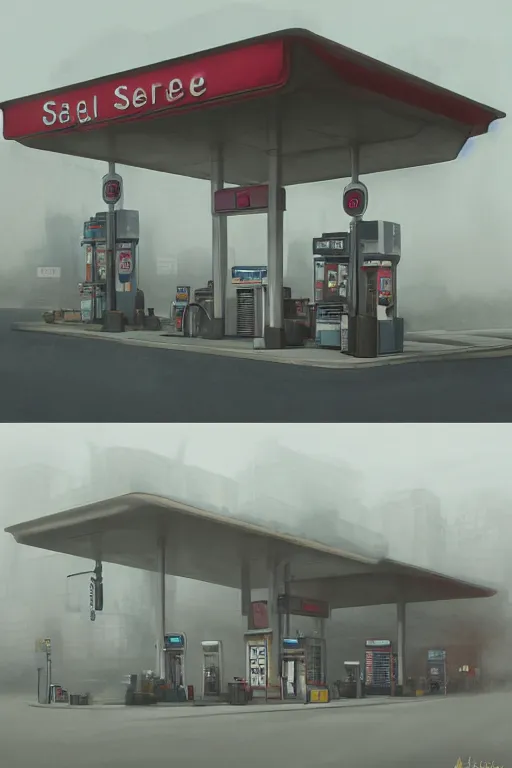 Image similar to a highly detailed matte painting of a single gas station with a sign in the fog by studio ghibli, makoto shinkai, by artgerm, by wlop, by greg rutkowski, volumetric lighting, octane render, 4 k resolution, trending on artstation, masterpiece