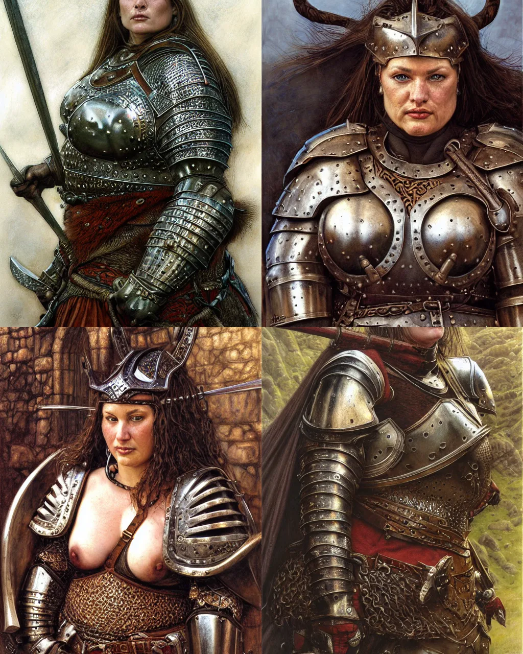Prompt: portrait, big robust female medieval warrior wearing heavy dark iron breastplate, scottish style, ultrarealistic, hyperdetailed, smooth, reflections, soft lighting, sharp focus, intricate, by donato giancola, brian froud