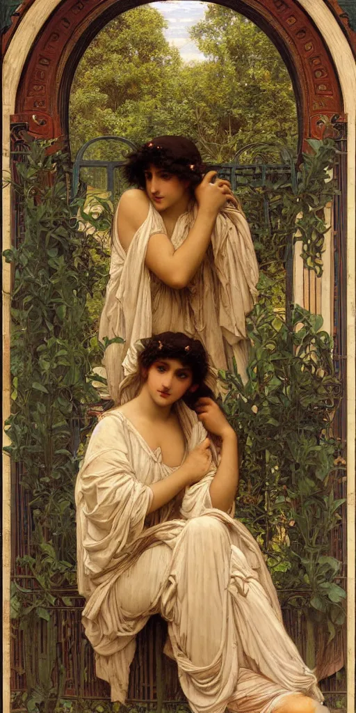 Image similar to at the gate of the temple by john william godward painted by alphonse mucha