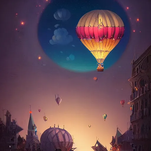 Image similar to a beautiful stunning fantasy whimsical matte digital illustration of a hot - air balloon race over a city at night by marc simonetti, pastel color palette, disney steampunk, chiaroscuro magical bokeh moon stars, trending on artstation hq, masterpiece