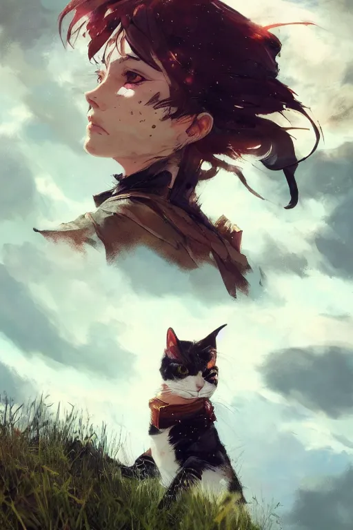 Prompt: highly detailed portrait of a calico cat, cinematic lighting, dramatic atmosphere, by Dustin Nguyen, Akihiko Yoshida, Greg Tocchini, Greg Rutkowski, Cliff Chiang, 4k resolution, luminous grassy background