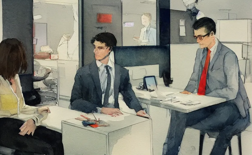 Image similar to concept art of a modern office life, pinterest, artstation trending, behance, watercolor, by coby whitmore *, silver, laser light *,